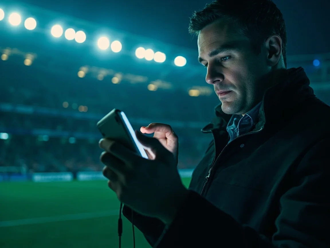 Adult testing a generic phone on a stadium concourse with a portable battery and charging cable