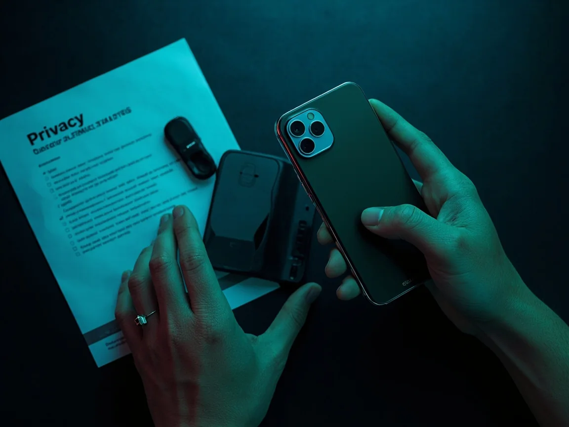 Generic smartphone beside a privacy checklist with a camera cover and security key on a clean desk