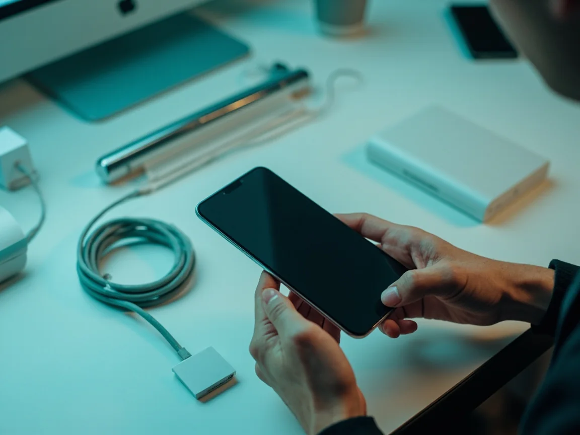 Adult organizing a generic smartphone, charging cable, and storage drive on a clean desk