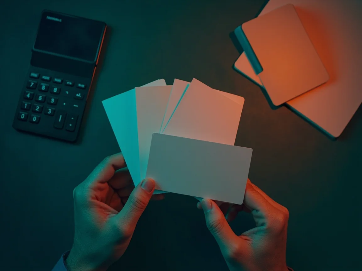 Adult hands comparing three neutral unbranded cards distinguished only by restrained color blocks