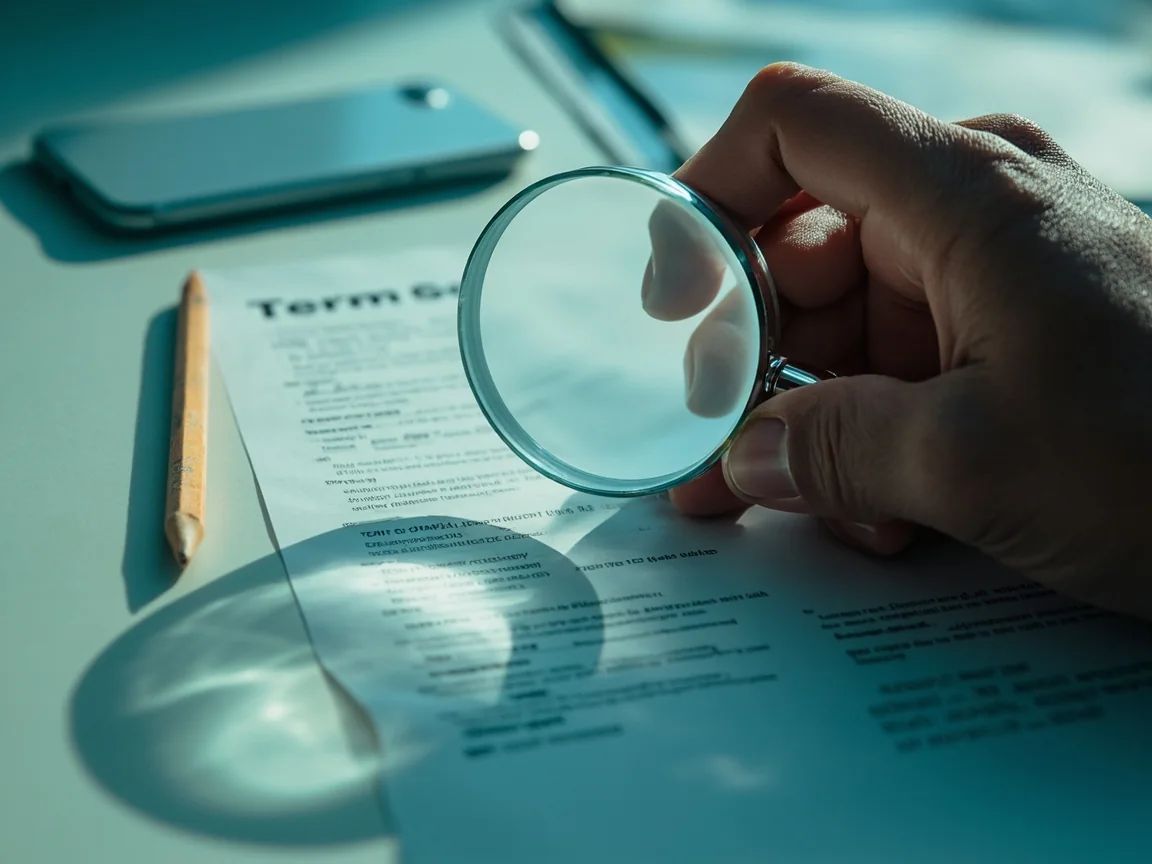 Adult hand using a magnifying glass over printed terms with all content blurred