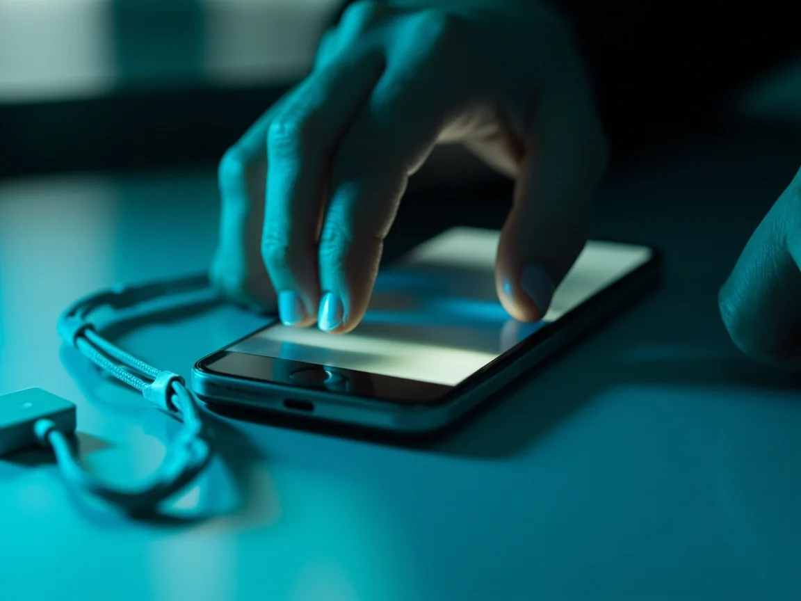Adult hands reviewing settings on a generic phone with a privacy shutter and charging cable nearby