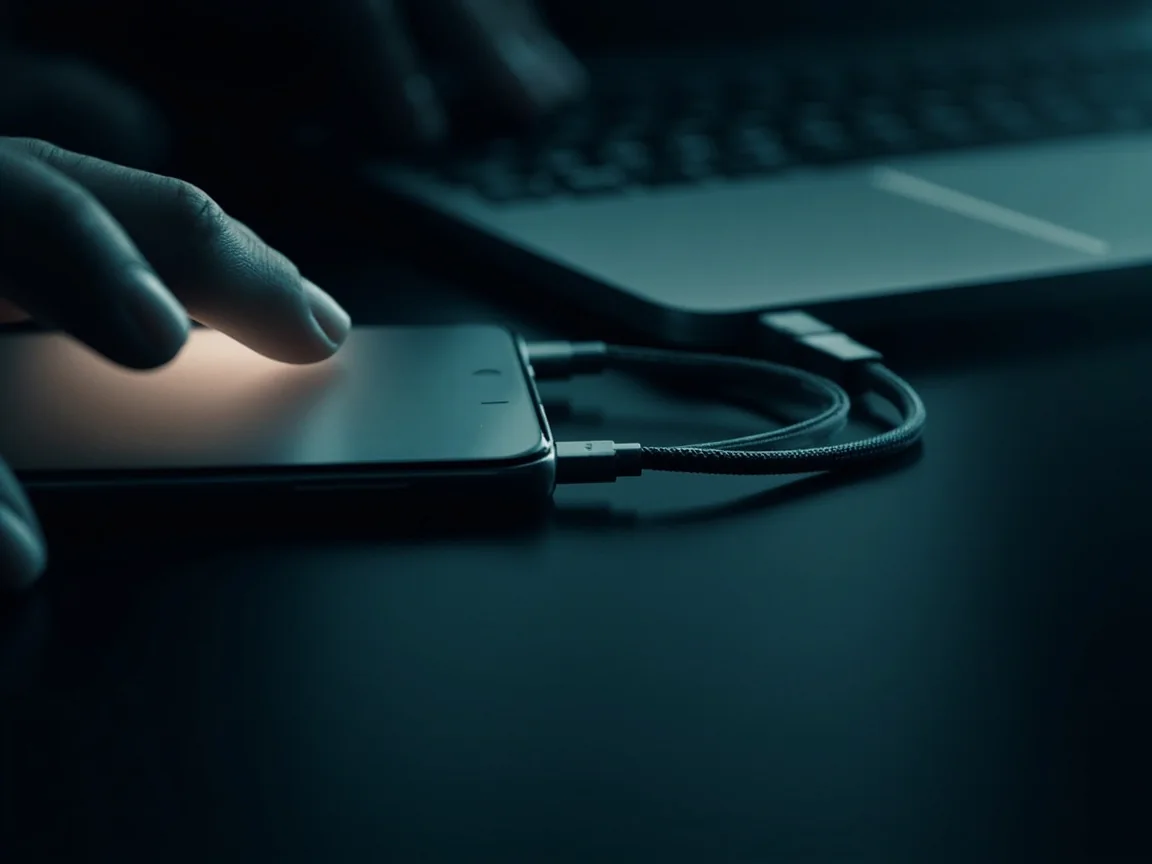 Generic smartphone connected by cable to a laptop during a security check