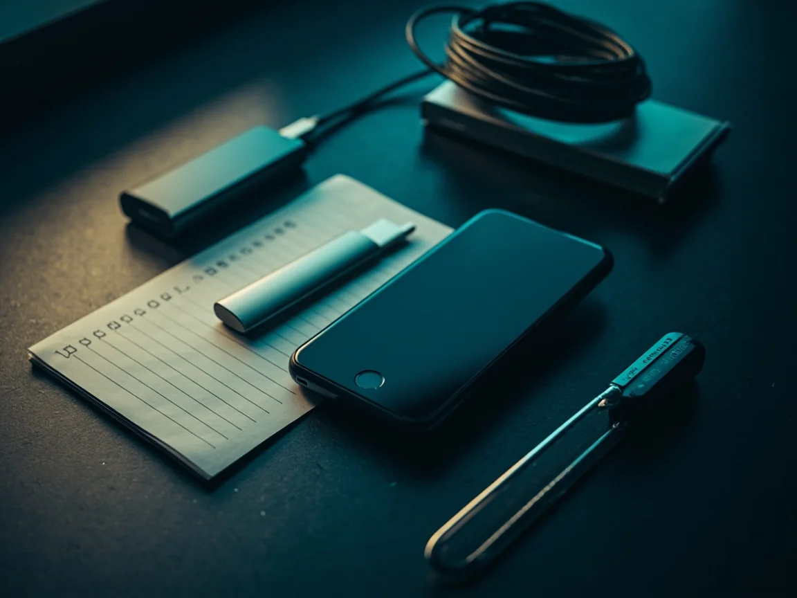 Generic smartphone, backup drive, charging cable, and closed paper checklist arranged on a dark desk