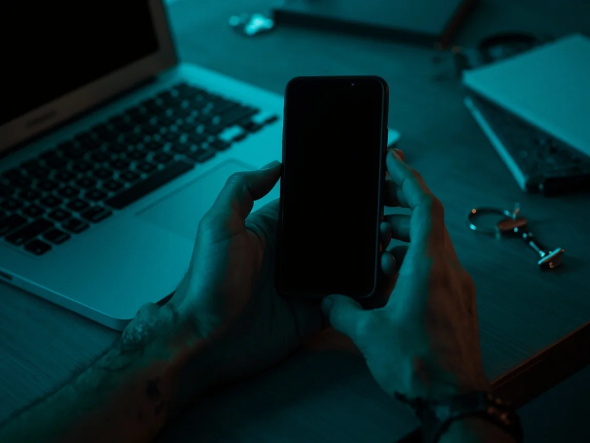 Adult hands inspecting a generic smartphone beside a laptop on a clean home office desk