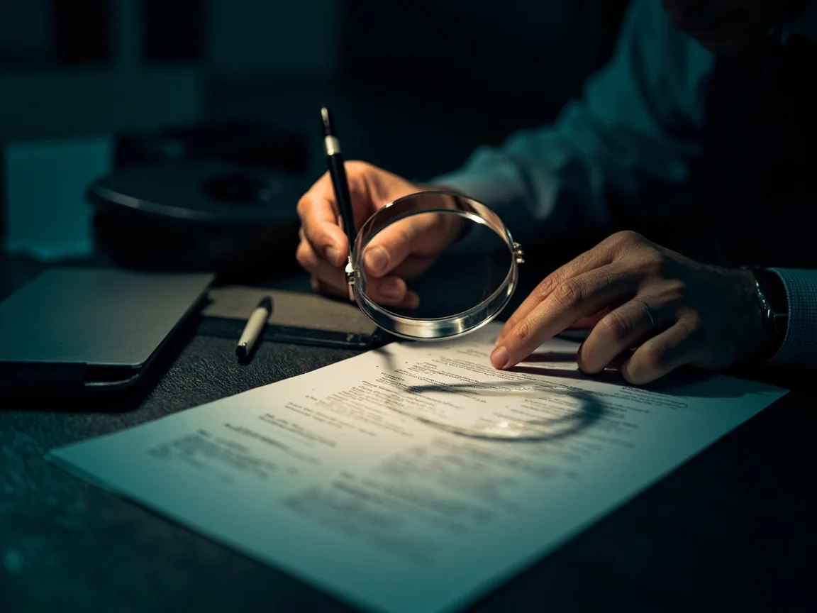 Researcher reviewing printed terms with a magnifying glass on a dark desk