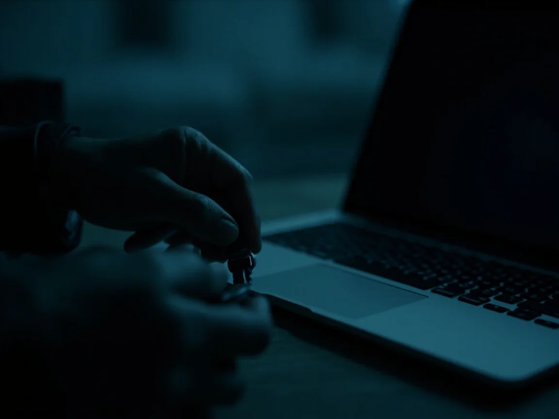 Adult using a physical security key with a generic laptop in low-key lighting