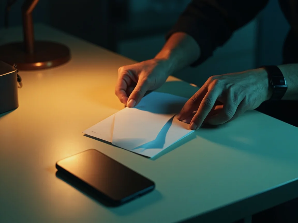 Adult preparing identity documents inside a privacy envelope beside an unbranded phone