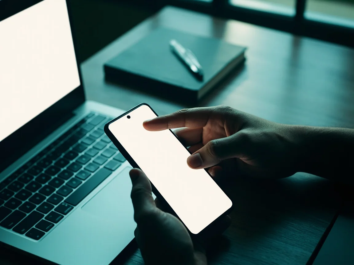 Adult hands comparing a generic phone and laptop before a login, with a security notebook nearby