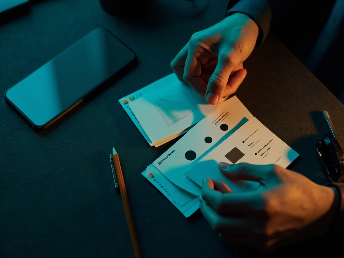 Reviewer sorting neutral feature cards with simple geometric symbols on a dark desk