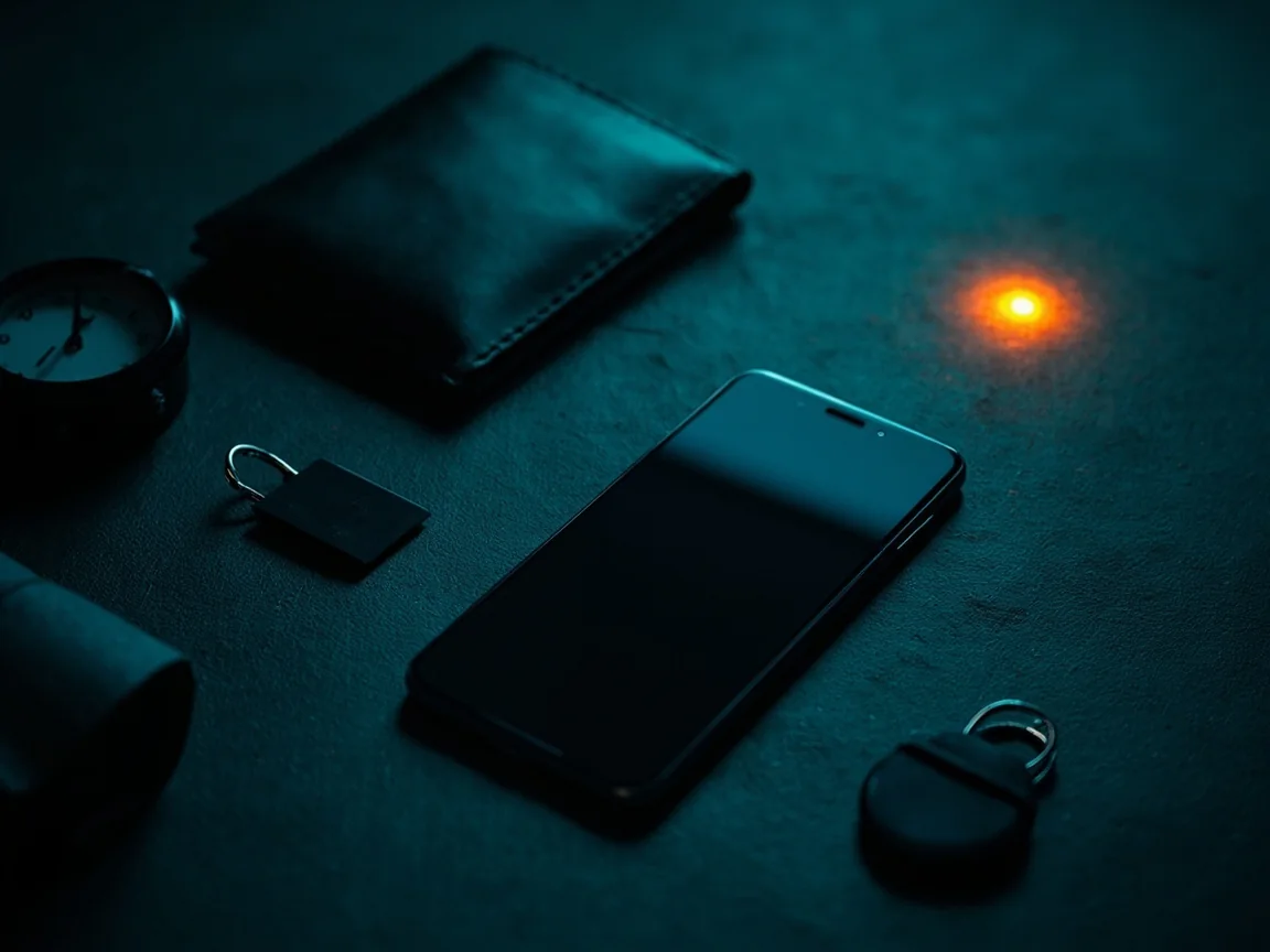 Generic smartphone, physical security key, closed wallet, and timer on a dark desk