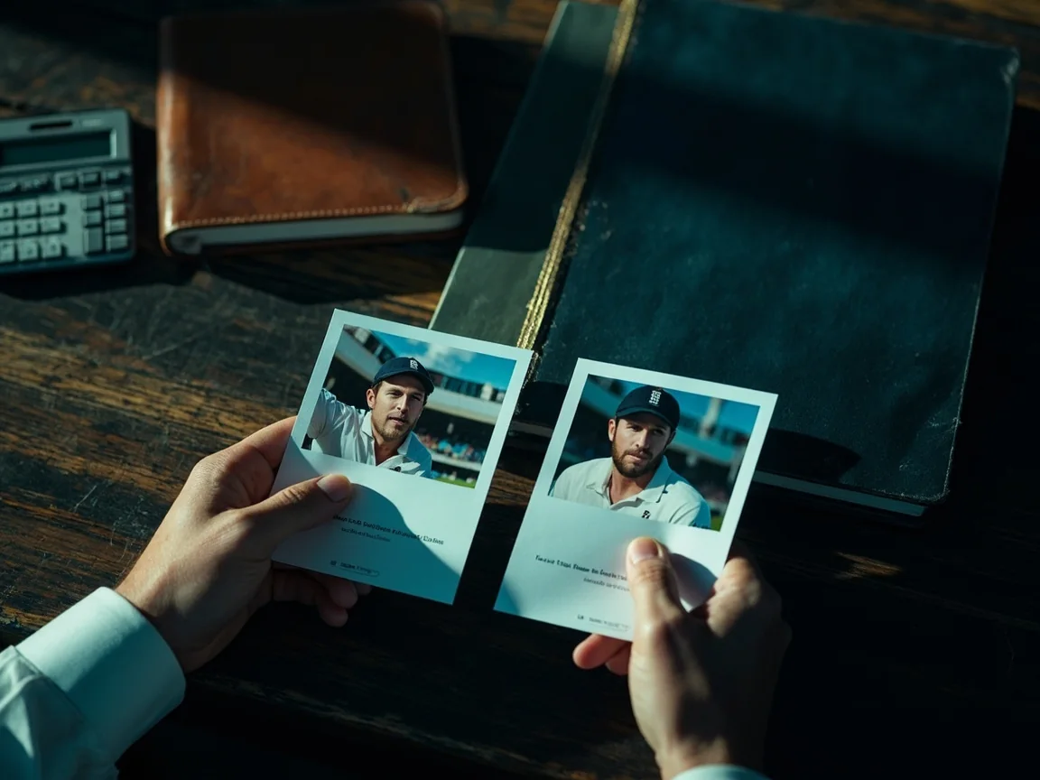 Cricket strategist comparing two unbranded player profile cards on a dark desk