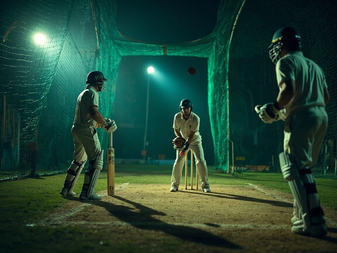 Unbranded wicketkeeper, batter, and spin bowler training together in cricket nets