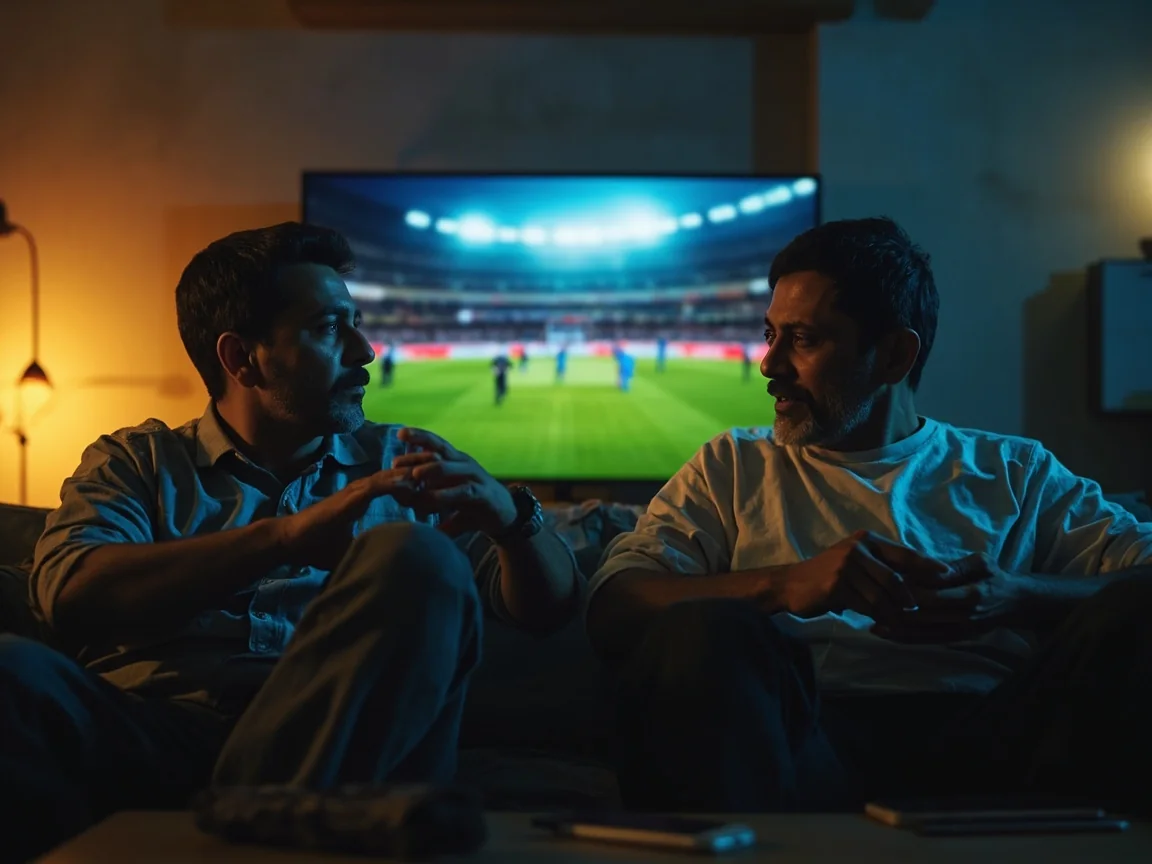 Two adult friends watching a cricket match at home and discussing player roles