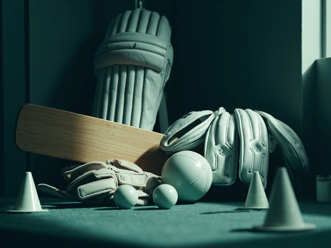 Cricket role equipment arranged in a pavilion: wicketkeeping gloves, batting pads, bat, white ball, spin-bowling cones
