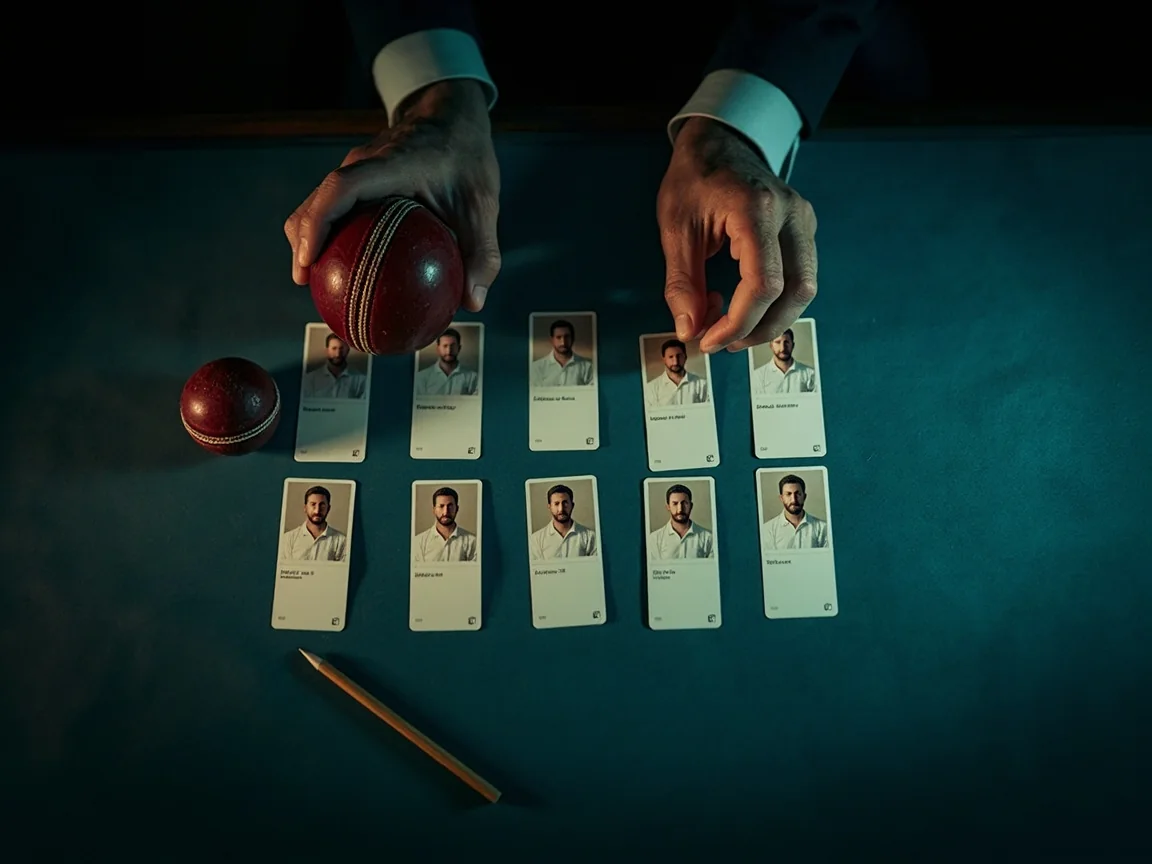 Adult hands arranging eleven anonymous player portrait cards into role groups on a dark table