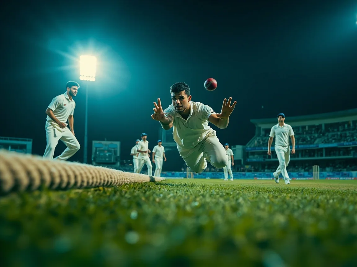 Unbranded IPL fielders practising boundary catches during a net session under floodlights