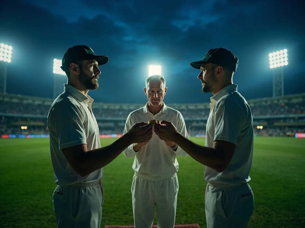IPL captain and match official preparing for the coin toss on a floodlit pitch