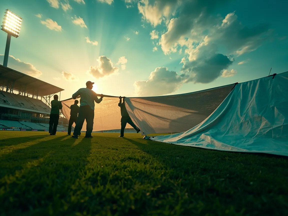 Cricket grounds crew pulling a cover near the pitch under changing evening clouds