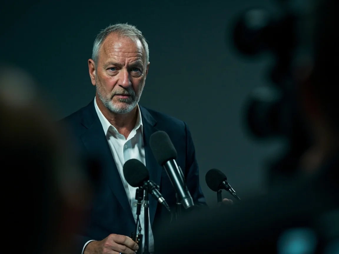 Unbranded cricket coach speaking at a press conference with microphones and journalists