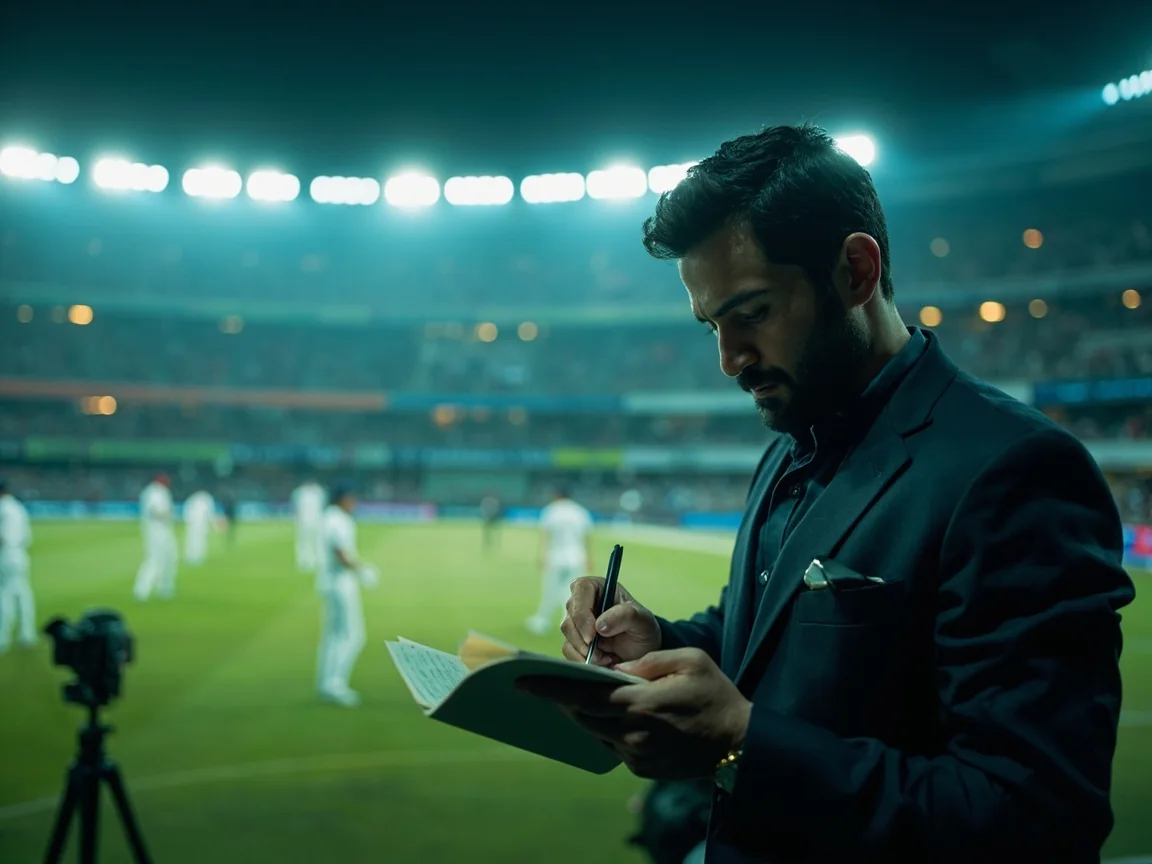 Cricket reporter taking notes beside the boundary before a match