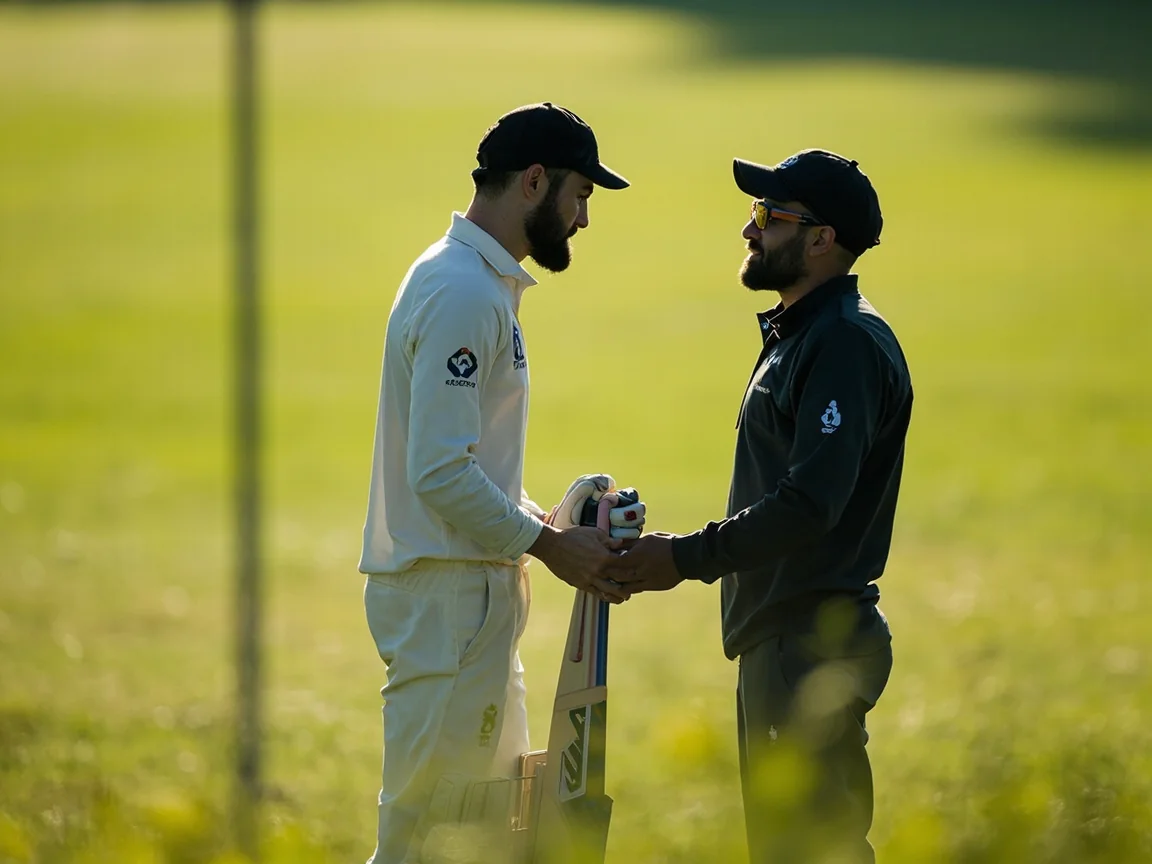 Unbranded professional cricketer completing a supervised recovery stretch with a physiotherapist nearby