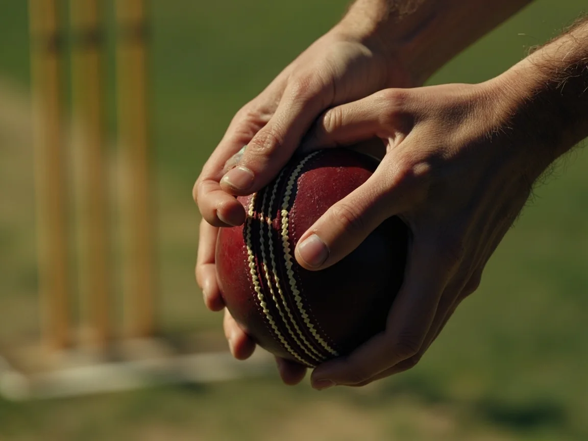 Unbranded spin bowler demonstrating a correct cricket-ball grip during training