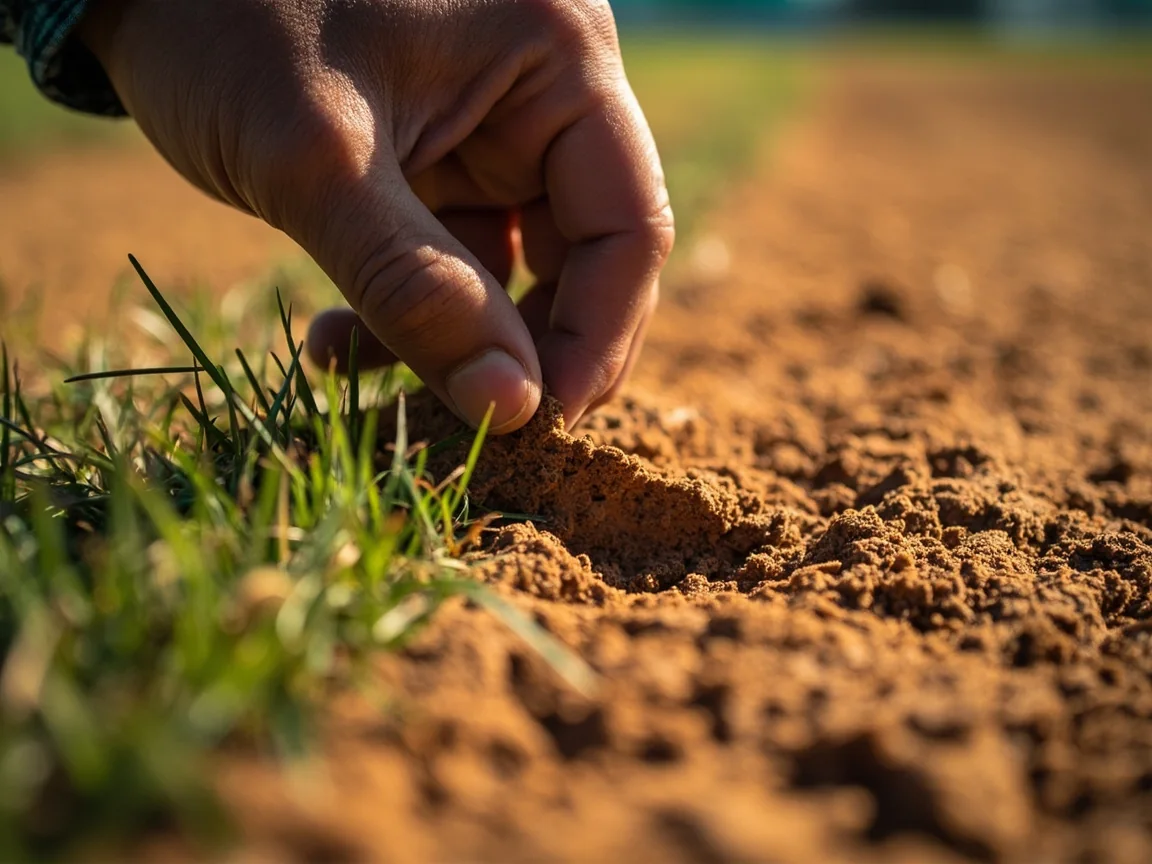Macro photograph of a cricket wicket surface before play with visible cracks and trimmed grass