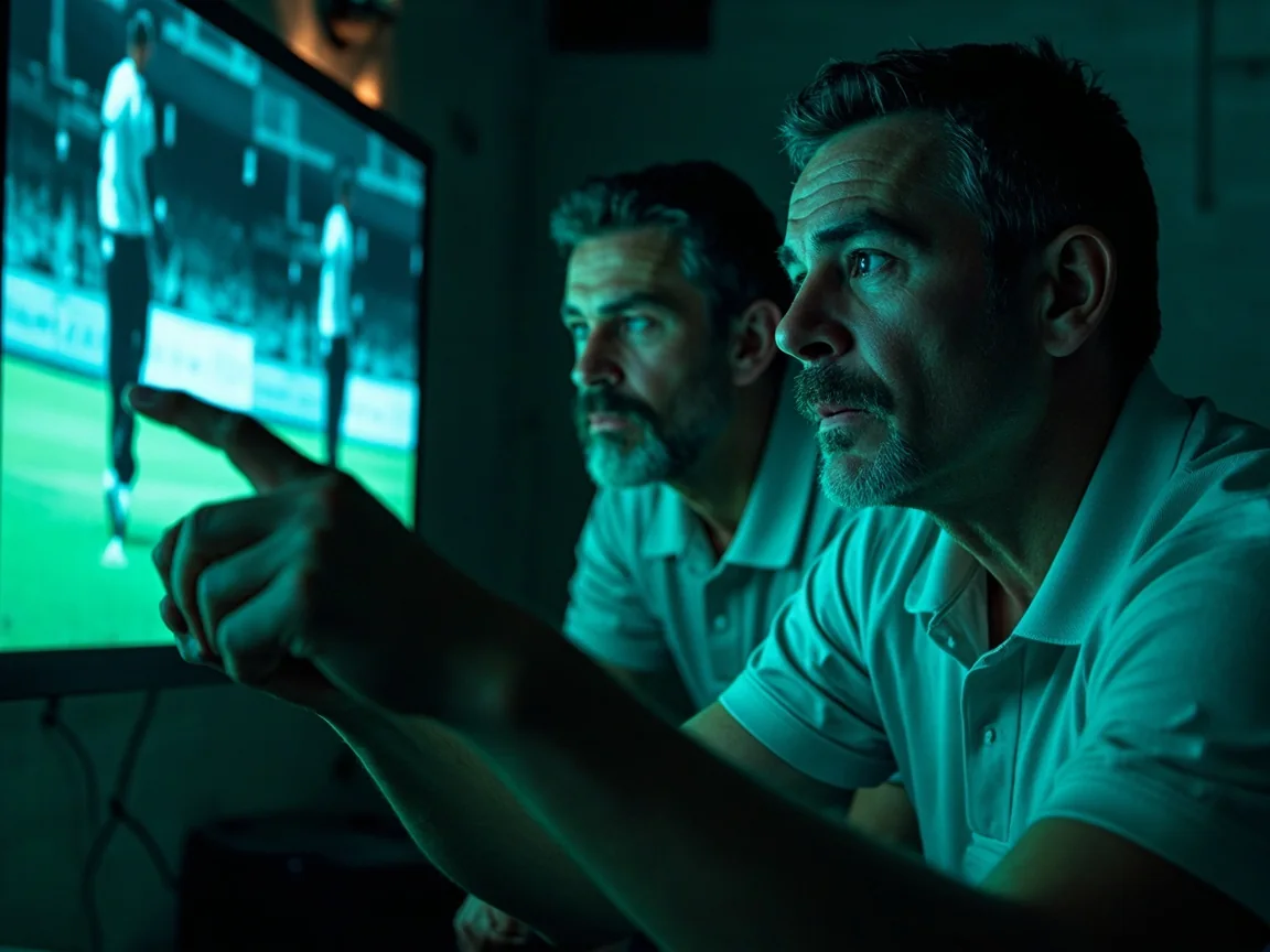 Two cricket coaches reviewing bowling footage on monitors in a low-light analysis room