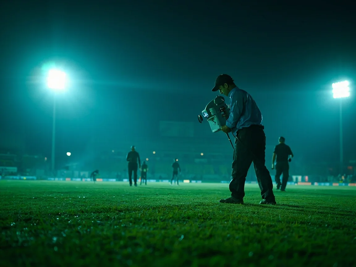 Cricket grounds crew checking evening dew on outfield grass with a handheld instrument
