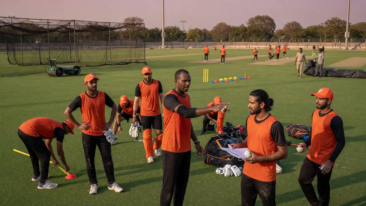 Fielders and a bowler set a ring on a dry T20 pitch under stadium lights during a tactical pause