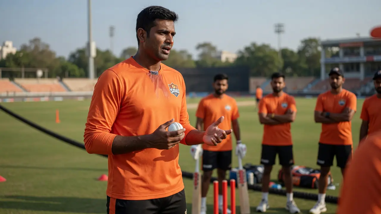 A wicketkeeper-batter in orange kit completes a low take beside the stumps during an evening T20 match
