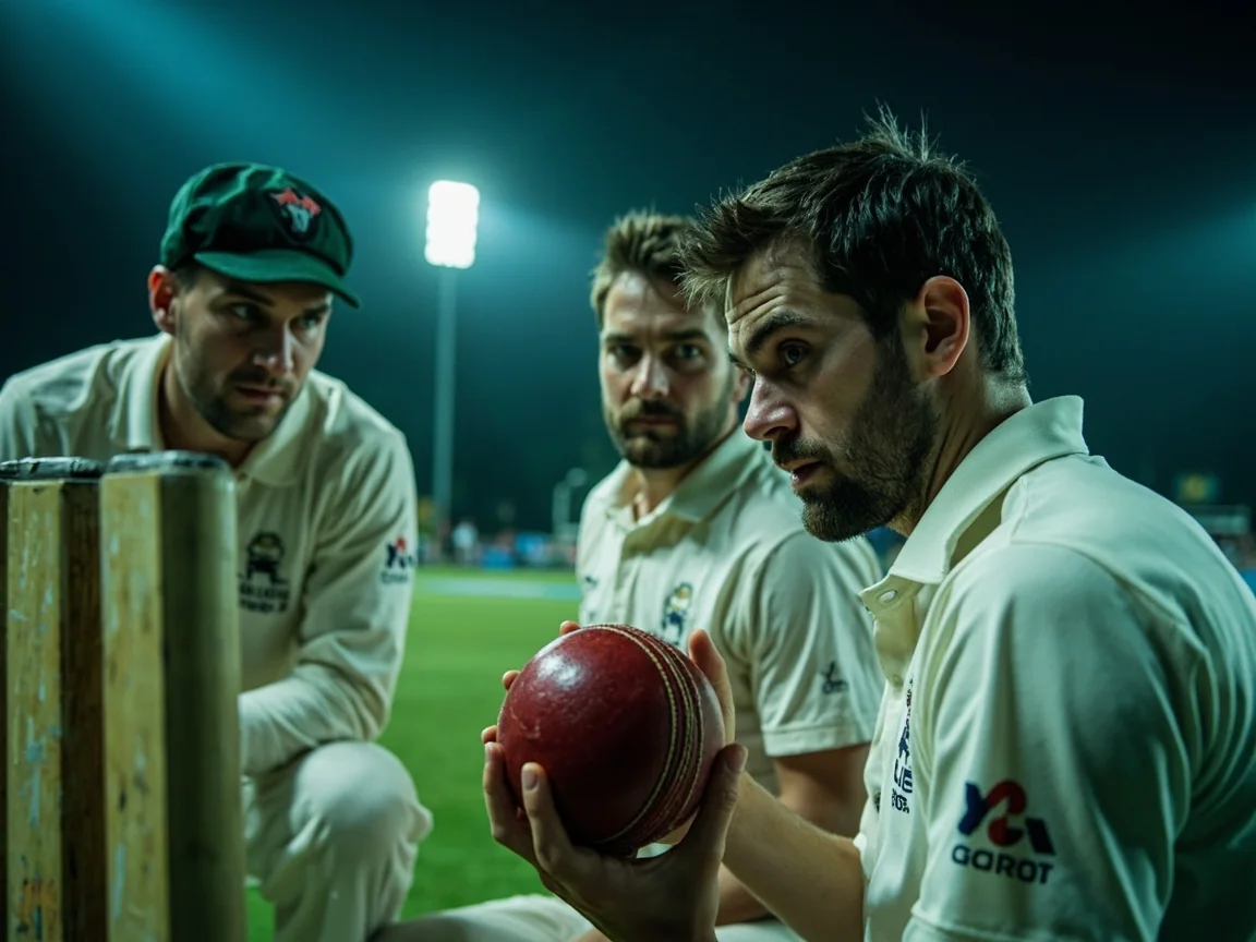 Three unbranded bowlers discussing grip and field plan beside practice stumps