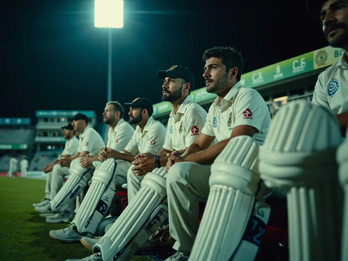 Reserve cricketers and coaching staff watching play from a stadium dugout