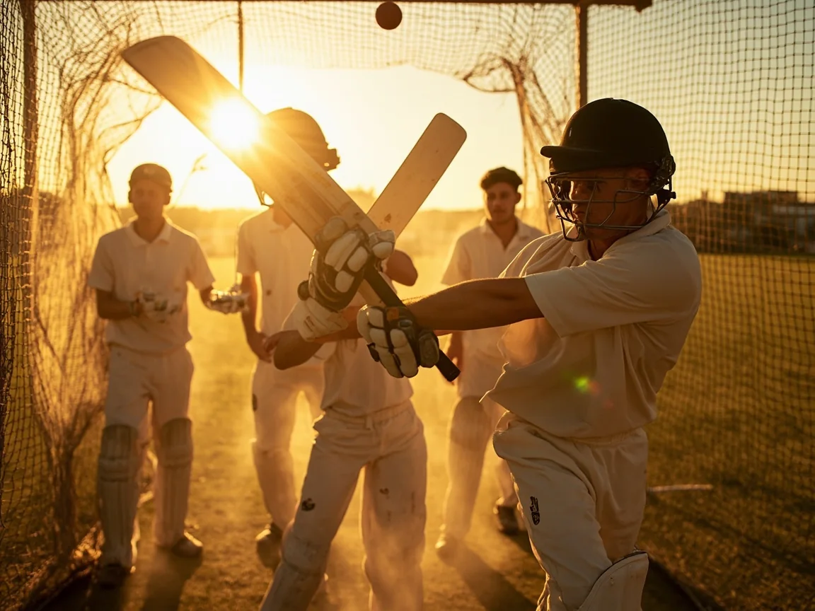 Unbranded batters rotating through cricket nets during a practice session