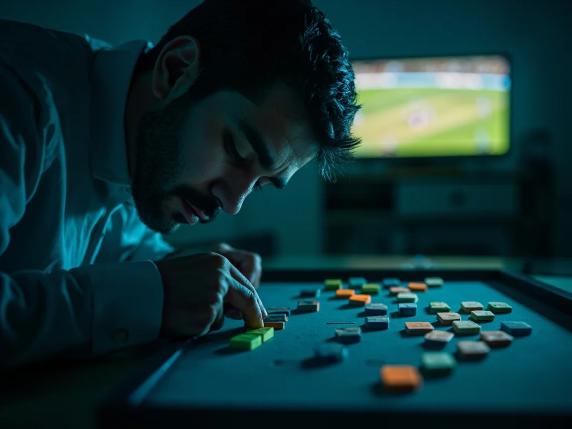Cricket enthusiast arranging anonymous player-role cards on a magnetic tactics board at home