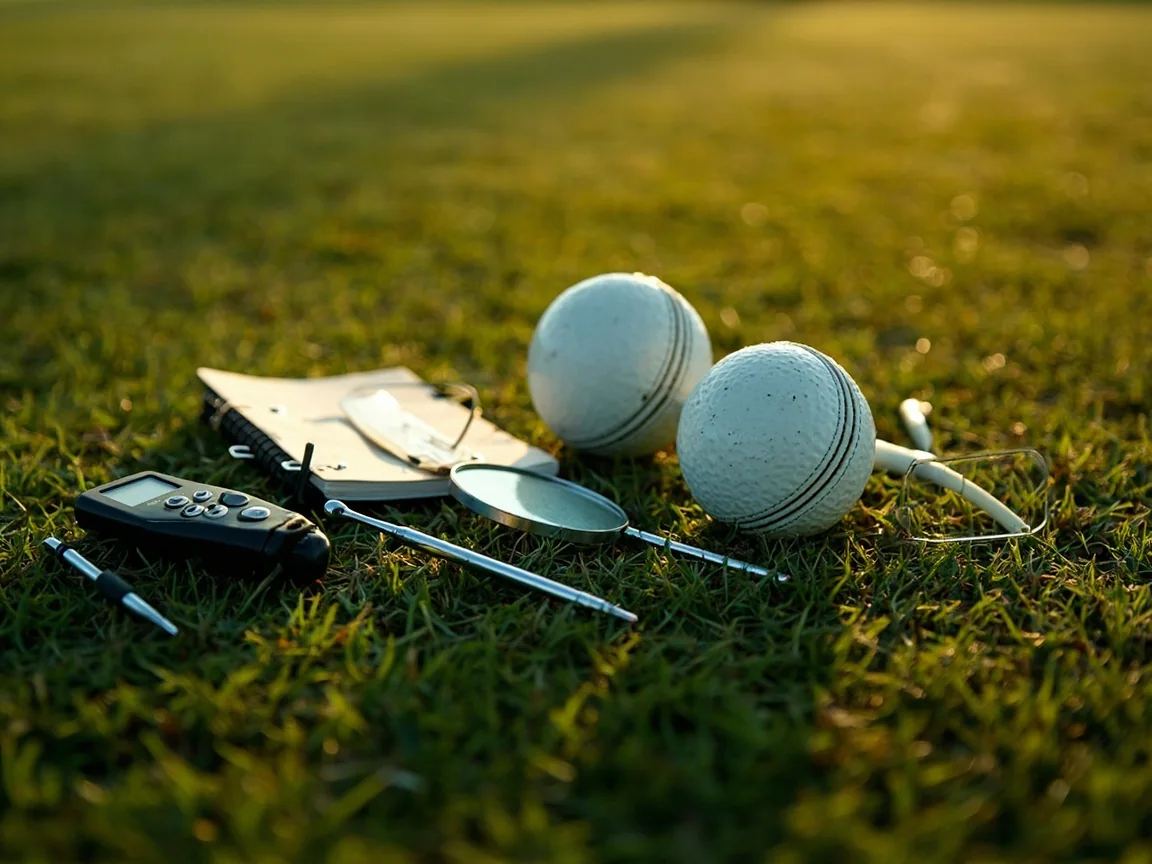 Compact cricket pitch-assessment kit on real turf with moisture meter, soil probe, and cricket ball
