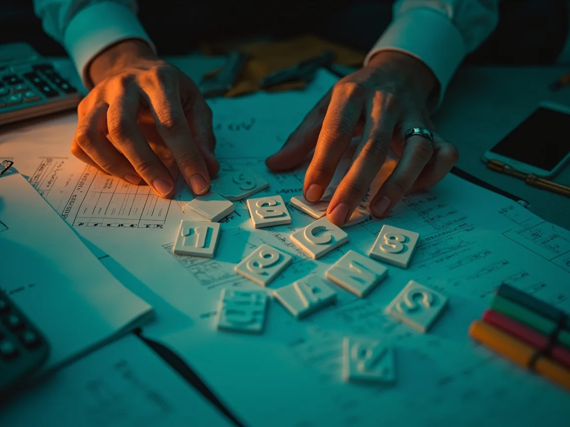 Analyst calculating cricket outcomes with blank number tiles and a calculator with display turned away